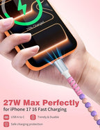 USB A to USB C Cable 6FT,Beaded Charger Cord for iPhone 17 16 Pro Max 16e 15 Car play,TypeC Cute Car Charger Cord for iPad 10 11th A16/Samsung S26 S25 S24 S23 S22/Android Phone Girls Women,Pink Purple
