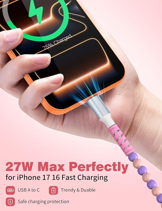 USB A to USB C Cable 6FT,Beaded Charger Cord for iPhone 17 16 Pro Max 16e 15 Car play,TypeC Cute Car Charger Cord for iPad 10 11th A16/Samsung S26 S25 S24 S23 S22/Android Phone Girls Women,Pink Purple