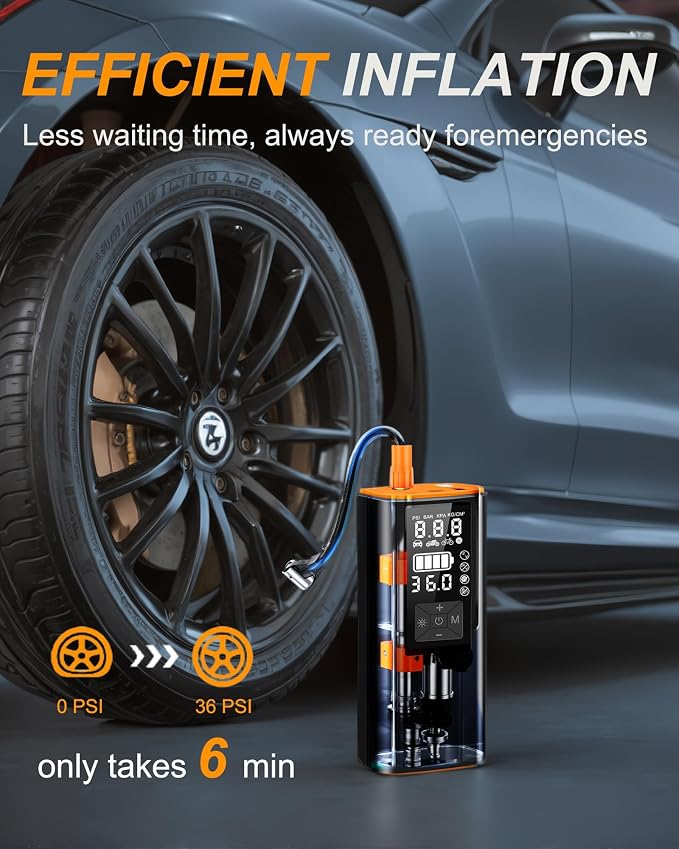 Tire Inflator Portable Air Compressor for Bike, Car, Motorcycle - 150PSI Air Pump for Car Tires with Precision Sensor, 6000mAh Battery, LCD Display, Emergency LED Light