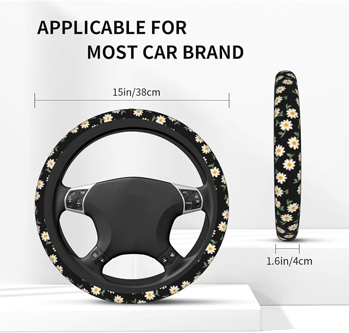 Daisy Flower Steering Wheel Cover 15 Inch + 2Pc Cute car Coasters Set | Anti-Slip Breathable Universal Car Wheel Cover Soft Comfort Grip Accessories for Women Men
