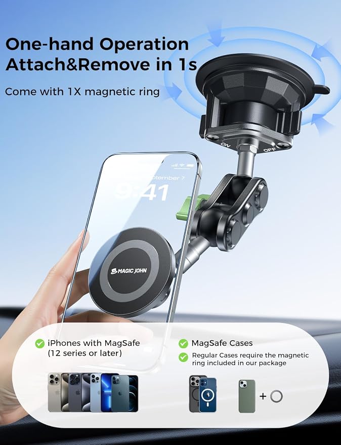 Magnetic Car Phone Holder [Strong Suction&Strong Magnetic] 360° Adjustable Car Phone Mount for Windshield, Ultra-Durable Metal, Suction Cup Car Phone Mount for iPhone Samsung All Smartphone
