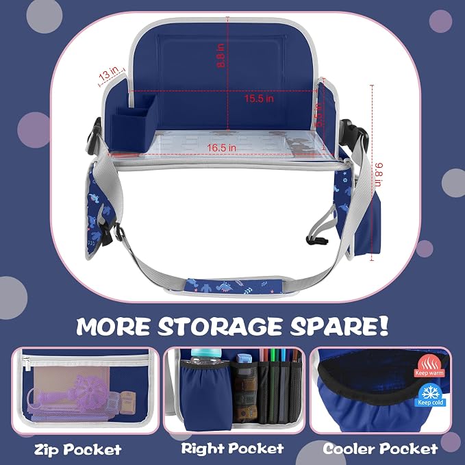 Kids Travel Tray for Toddler Car Seat, Road Trip Essential Lap Tray | Toddler Gift for Boy Activities with Dry Erase Board, iPad Holder Stand, Cooler Cup Holder & Adjustable Strap, Dark Blue