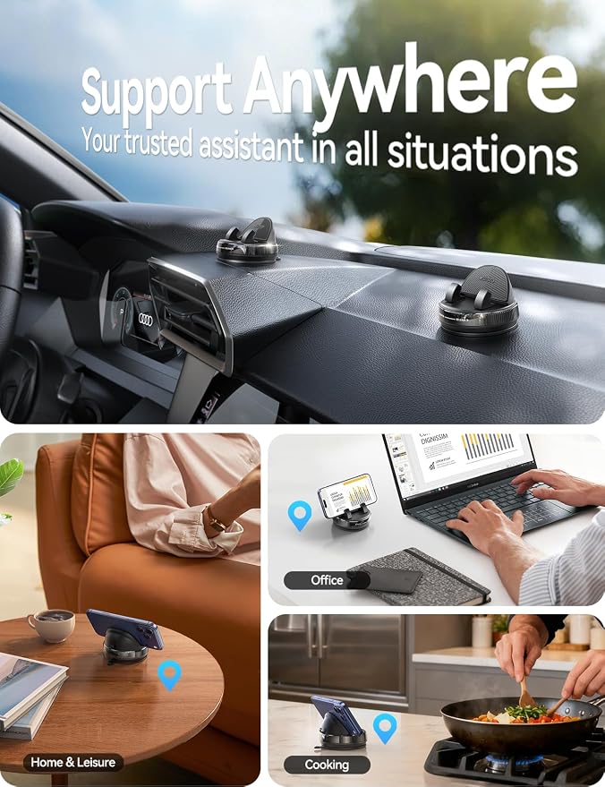 Car Phone Mount, [360° Rotation+Thick Case Friendly] Cell Phone Car Holder with Adjustable Spring Clip, Anti-Slip Silicone Universal Dashboard phone holder for Car for iPhone, Smartphones, GPS