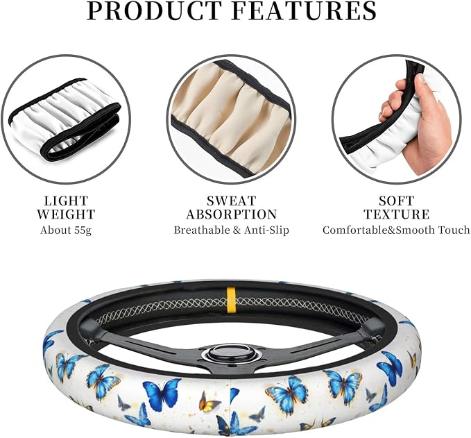 Butterfly Blue Steering Wheel Cover Beauty Butterflies Steering Wheel Cover Butterflies Car Accessories Butterfly Decoration Anti-Slip Universal Breathable 14-15 in 2 Car Cup Coasters for Women