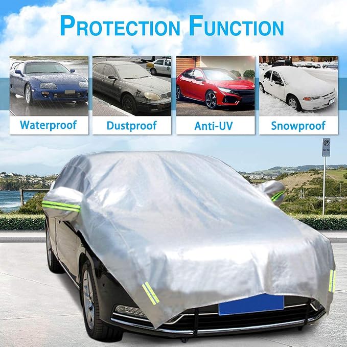 Half Car Cover All Weather Car Body Cover Sunshade Cover Snow Cover Waterproof Snowproof Universal 210D Oxford Fabric (Fit Sedan Length 176'' to 193'')