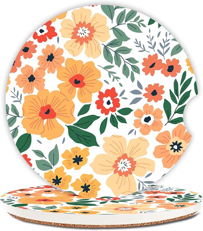 Flowers Absorbent Car Coasters for Cup Holders,2 Pack 2.56" Ceramic Coasters with Cork Back and Finger Slot, Auto Accessories for Women & Men.