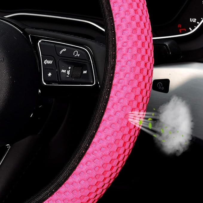 Elastic Stretch Steering Wheel Cover 15 Inch, Breathable Ice Silk Microfiber, Non-Slip Grip, Warm in Winter and Cool in Summer, Odorless, Car Accessories Fit Cars, SUVs, Rose Red