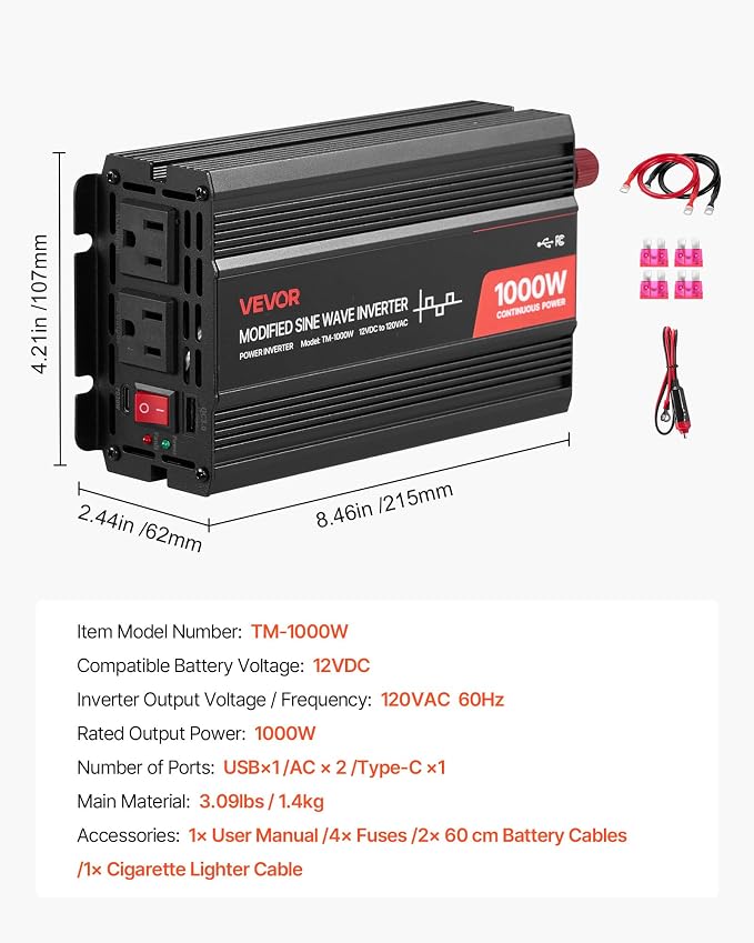 1000W Power Inverter, 12V DC to 120V AC Modified Sine Wave Inverter, Car Charger Converter with USB & Type-C Port, 2 AC Outlets, LED Indicator Light, Ideal for RV, Truck Outdoor Camping