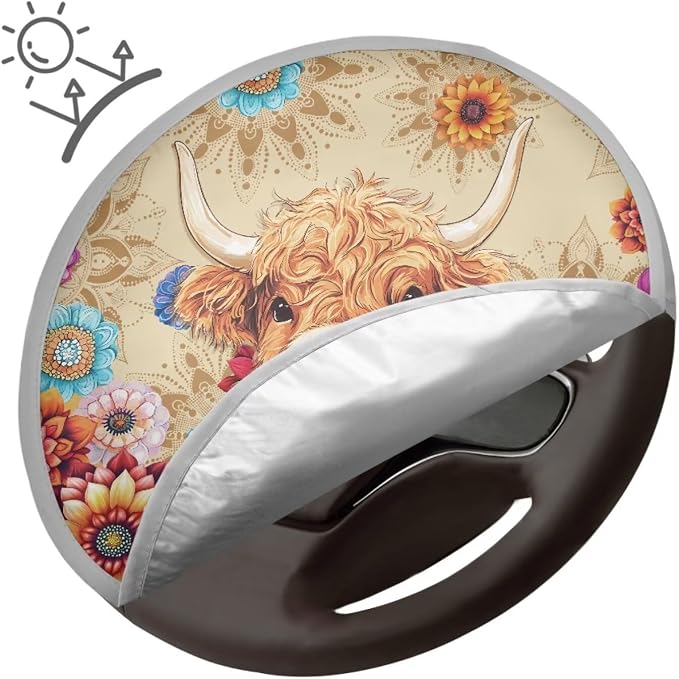 Highland Cow Steering Wheel Sun Shade Cover for Women Mandala Floral Steering Wheel Sun Block Anti-Heat Aluminum Foil Steering Wheel Cover