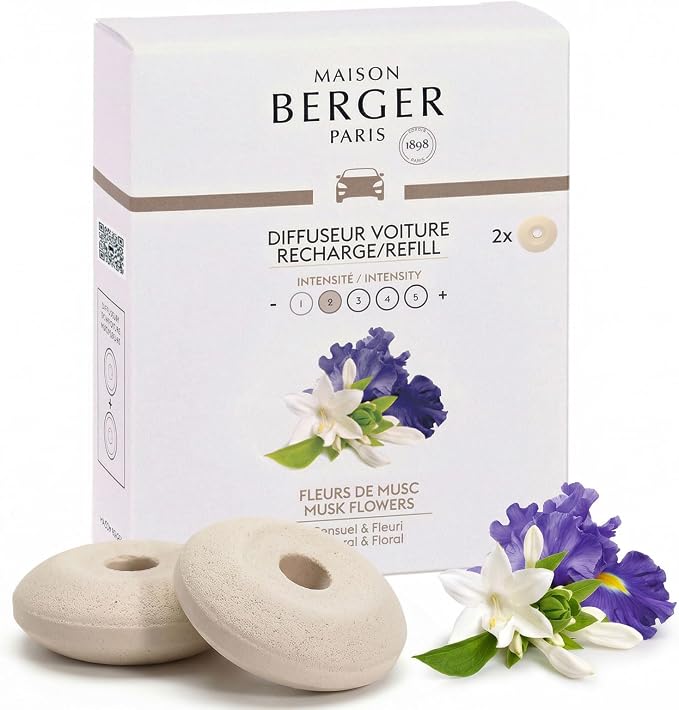 Car Diffuser Refill Set, Musk Flowers | Tuberose Jasmine White Musk Notes, 2 Ceramic Inserts, Fits Vent Clips, 4-Week Diffusion, Made in France