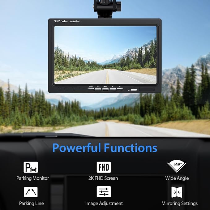 Backup Camera for Truck 7' HD 2K Front/Rear View Monitor kit IP69 Waterproof Night Vision DIY Grid Lines for Car RVs Trucks Tractors Bus Semi-Trailers Pickup AY7