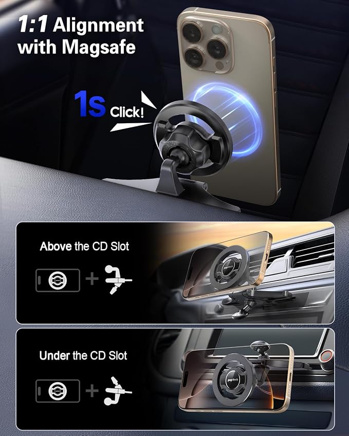 for MagSafe CD Slot Car Phone Holder, [Built-in Steel Plate] Universal Magnetic CD Player Cell Phone Mount, Adjustable Magnet CD Cellphone Cradle Fit for iPhone All Smartphones