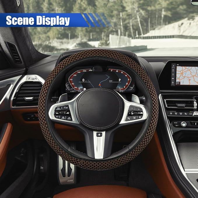 Elastic Stretch Steering Wheel Cover, 15" Breathable Microfiber Ice Silk Steering Wheel Protector, Universal Anti-Slip Car Warm in Winter&Cool in Summer Accessories for Men Women (Coffee)