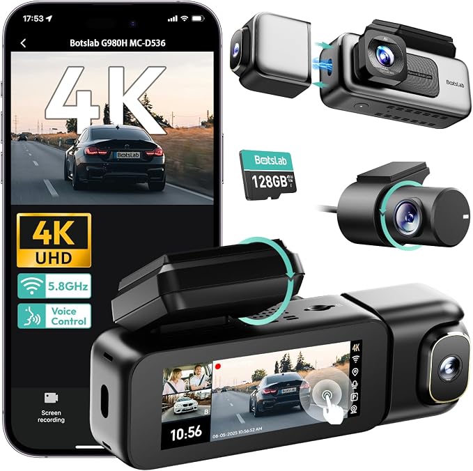 G980H 4K 3-Channel Dash Cam Front Rear Inside, 360° Full Coverage, 3.18" Touch Screen, Free 128GB Card, 24/7 Parking Mode with Sentry & Time-Lapse, Voice Control, 5GHz WiFi, GPS, Night Vision