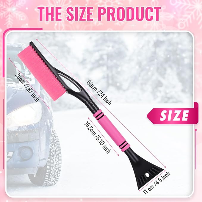 24'' Snow Brush and Ice Scraper for Car Windshield, 2 in 1 Detachable Snow Scraper with Soft Grip Handle and Additional Handhold, Multi-Functional Removal Tool for Car, Truck, SUV(Pink)