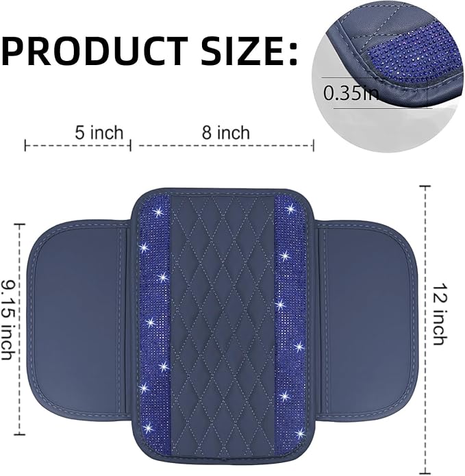 Bling Blue Car Center Console Cover, Leather Car Arm Rest Cover with 2 Storage Bags, Universal Auto Armrest Protector Storage Box, Bling Accessories Interior for Most Vehicles