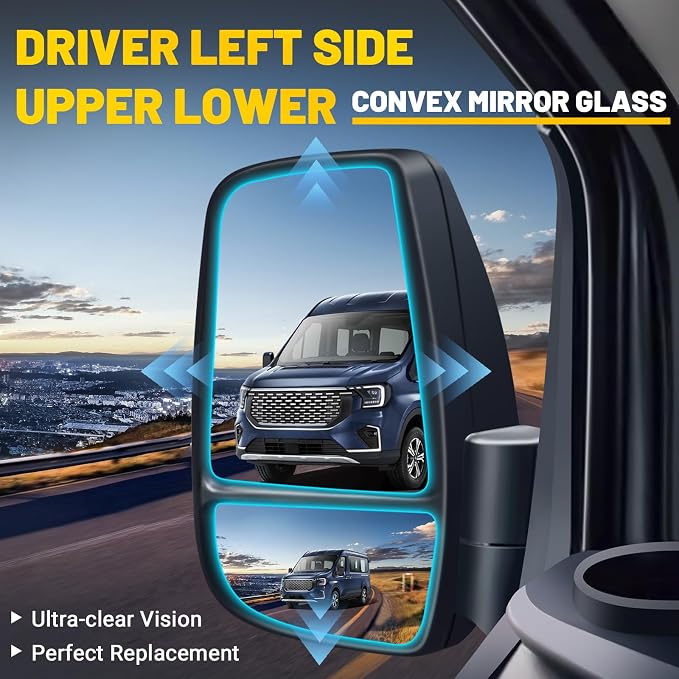 Driver Side Upper and Lower Mirror Glass Compatible with 2015-2025 Ford Transit 150 250 350 2023-2025 E-Transit Replace BK3Z17K707B CK4Z17K707B with Heating Elements