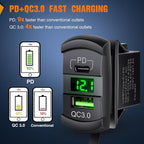 Rocker Switch Style USB Outlet LED Voltmeter Quick Connector 12V PD Type C and USB QC 3.0 Cars Replacement with Inline Fuse for Switches Panel on Boats RV Truck Car