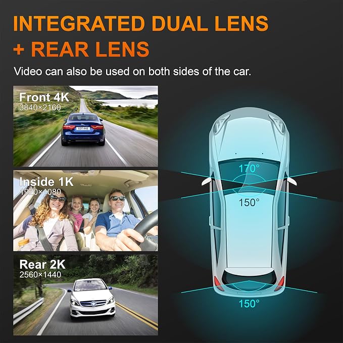 3 Channel Dash Cam, 4K+1080P+1440P Front Inside and Rear Car Camera, Free 128G Card, Triple Dash Camera Built-in WiFi GPS, HDR Night Vision, G Sensor, 170° Wide Angle, 24H Parking Mode