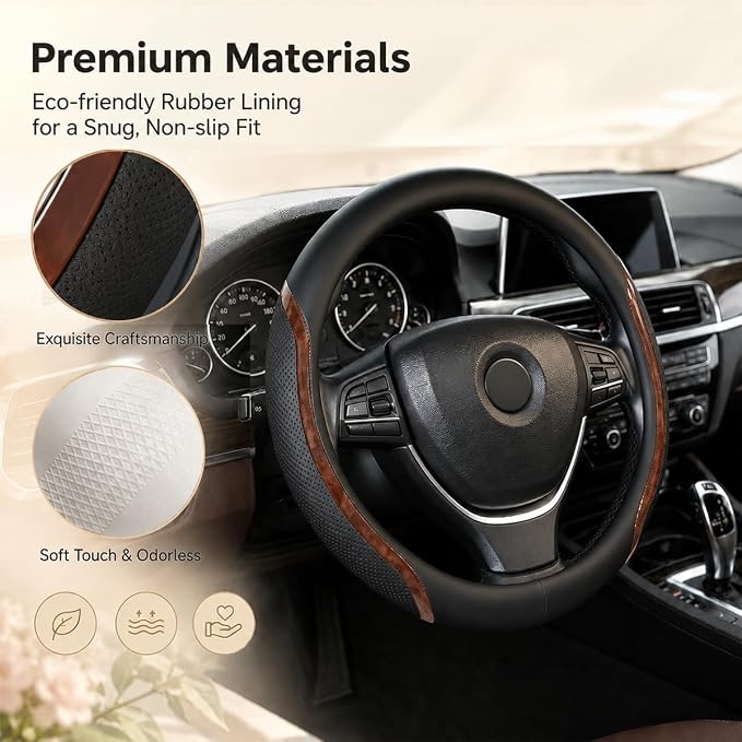 Black Steering Wheel Cover Wood Grain Leather Universal 14.5"-15" | Wood Car Steering Wheel Covers with Coasters Microfiber Breathable Anti-Slip Durable Steering Wheel Accessories Set
