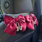 2 PCS Bow Pearl Car Seat Headrest Hook – Cute Purse Hook for Car, Girly Interior Decoration Accessories Hook Hanger, Seatback Holder for Purses & Bags, Elegant Car Organizer (Berry Fuchsia)