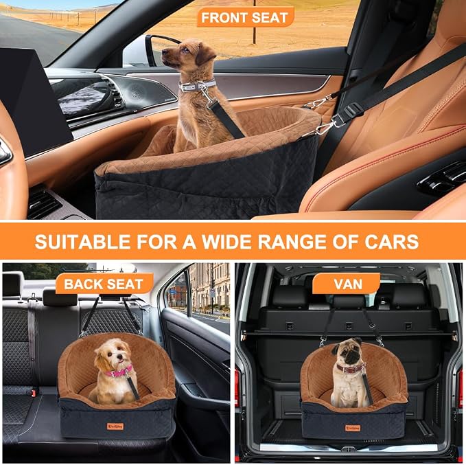 Dog Car Seat for Small & Medium Dogs, Detachable & Washable Booster Seat for Pets Up to 30lbs, Travel Bed with Storage Pockets and Safety Belt – Brown&Black