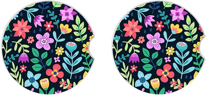 Cute Flowers Ceramic Cup Holders - Pack of 2, Keep Cup Holders Clean and Dry, Drink Cup Car Holder Coasters with A Finger Notch