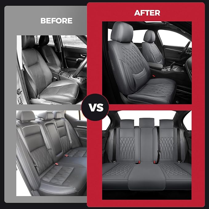 Gray Car Seat Cover Full Set - Faux Nappa Leather Seat Covers for Cars, Luxury Breathable Waterproof Front Seats Cushion Protectors with Lumbar Support, Universal Fit for Sedans SUVs Pickups