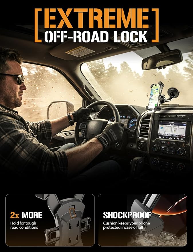 Mammoth Truck Windshield Phone Mount, Vibration Absorbing Car Phone holder with One-hand Quick Release, Double-ribbed Gooseneck, Expandable Claw Grip, 360 rotation, Extra Large Suction Cup