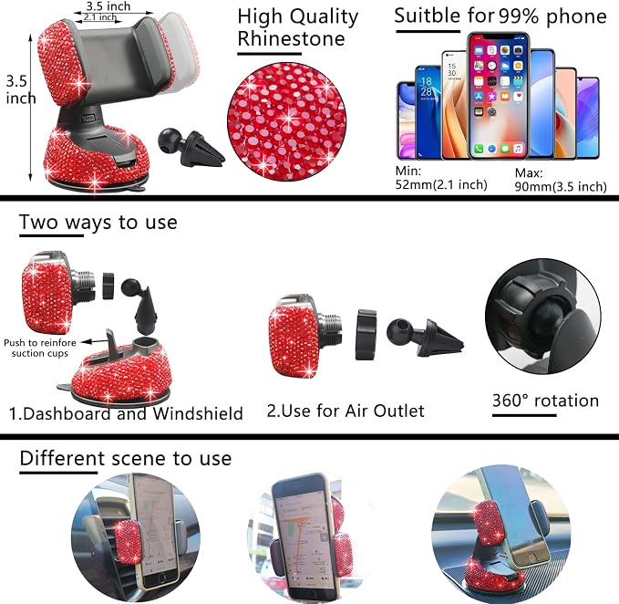 27 PCs Red Bling Car Accessories Set for Women, Steering Wheel Covers Universal Fit 15 Inch, Bling License Plate Frame, Bling Phone Holder, Bling Car Coasters (Red Diamond)