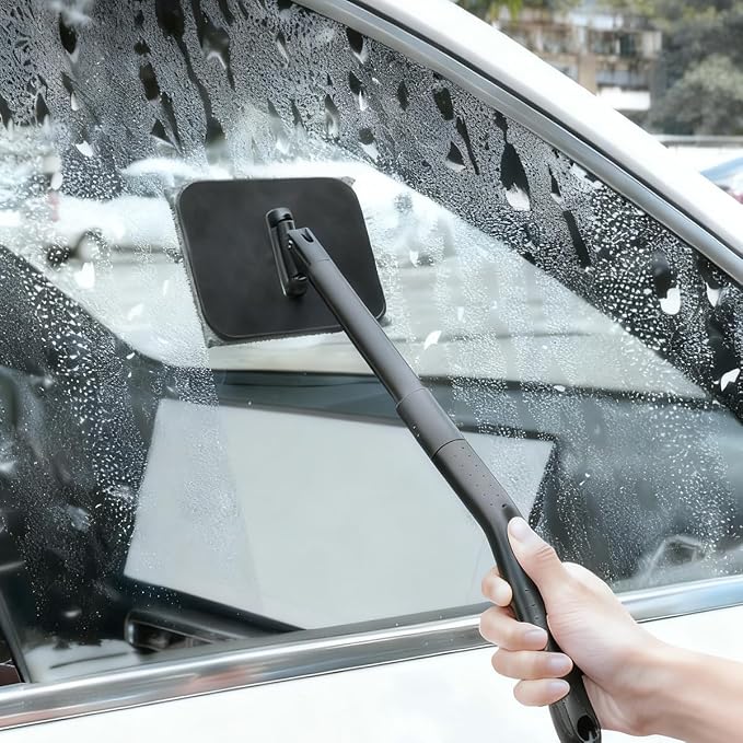 Car Windshield Cleaning Tool, Vehicle Window Glass Cleaner with 4 Reusable Microfiber Pads & Extendable Handle, Automotive Interior Windscreen Wash Kit, Universal for Most Vehicles