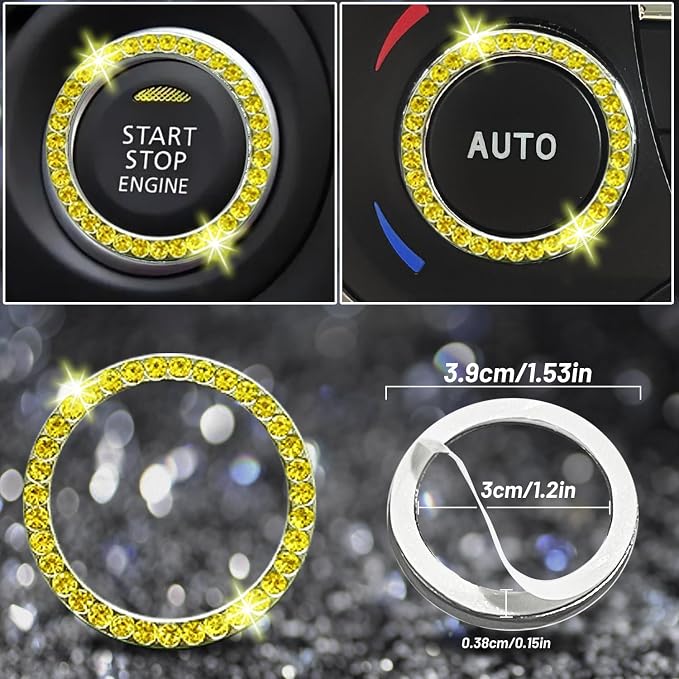 27 PCs Yellow Bling Car Accessories Set for Women, Steering Wheel Covers Universal Fit 15 Inch, Bling License Plate Frame, Bling Phone Holder, Bling Car Coasters (Yellow Diamond)