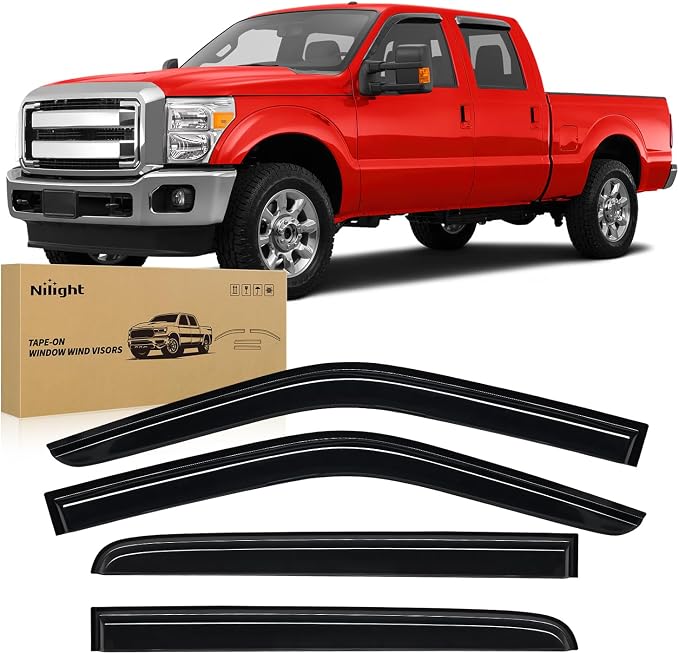 Tape-On Window Visors for Ford F250/F350/F450/F550 Super Duty 1999–2016 Crew Cab Only, Rain Guards, Vent Shades, Wind Deflectors, Reduce Wind Noise, Smoke Tint, 4PCS