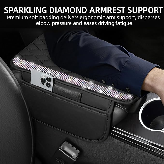 Bling Car Center Console Cover, Leather Car Arm Rest Cover Cushion with 2 Storage Bags, Universal Auto Armrest Protector Storage Box, Bling Accessories Interior for Most Vehicles (Multicolor)