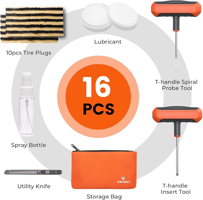 Flat Tire Repair Kit with Plugs 16 Pcs, Heavy Duty Tire Plug Kit for Car, Motorcycle, ATV, Jeep, Truck, Tractor (Vivid Orange)
