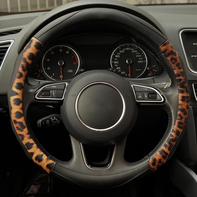 Leopard Steering Wheel Cover, Universal 15 inch Breathable Microfiber Leather Steering Wheel Protector, Anti Slip Car Interior Accessories, Black
