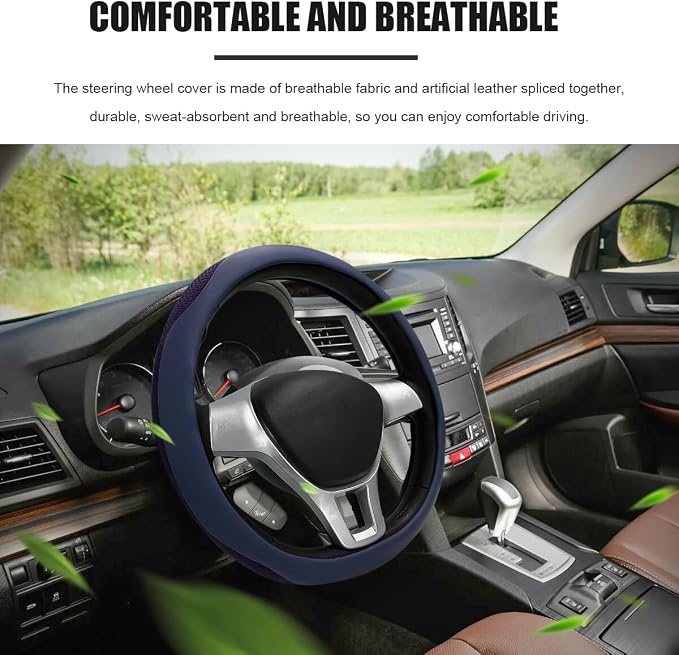 Car Steering Wheel Cover, Leather Breathable Ice Silk Auto Wheel Wrap with Anti-Slip Lining, Scratch-Resistant Elastic Protector Fit for 14.5-15 Inch Steering Wheels (Blue)