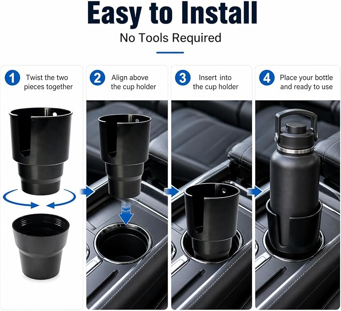 Car Cup Holder Expander for Large Bottles, Fits 32 oz to 40 oz Water Bottles and Handle Mugs, Secure Base for Most Vehicle Cup Holders, Durable ABS, Easy to Install, Durable ABS (Black)