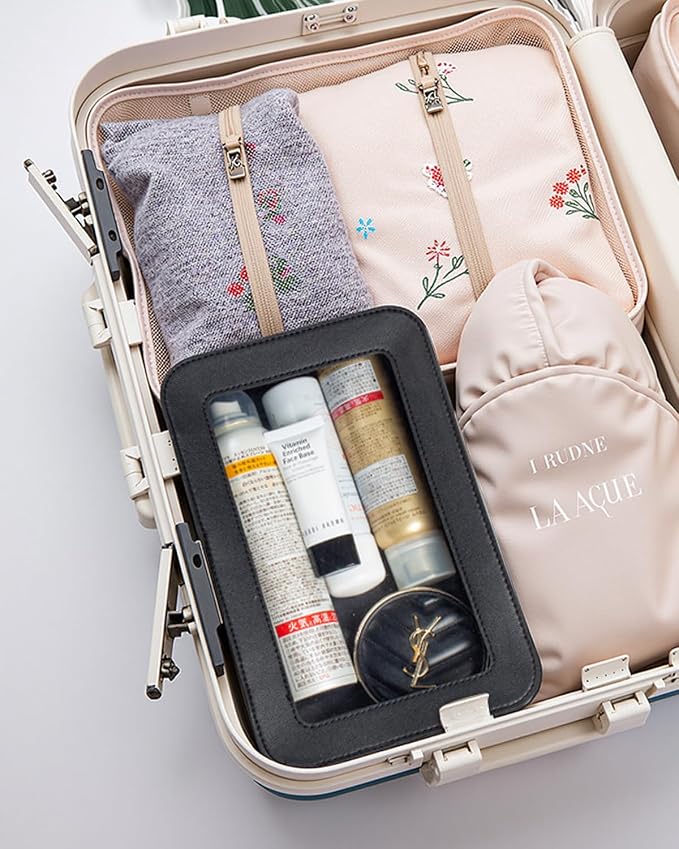 Clear Makeup Bags for Travel, TSA Approved Toiletry Bag with Zipper, Makeup Organizer Fit Carry-on Essentials, Car Accessories Organizers Storage for Women Men (Clear-Black)