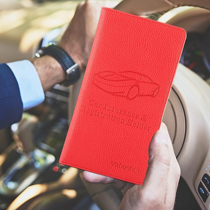 Premium Car Registration and Insurance Card Holder, Car Document Holder for Cards, Driver License & other Essential Documents (Red)