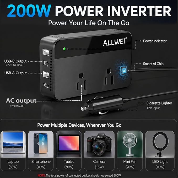 200W Car Power Inverter, 12V DC to 110V AC Car Inverte with 4 USB Fast Charging Port(2xUSB A, 2xUSB C)- Car Charger Cigarette Lighter Adapter for Phone, Laptop and Small Devices on Road Trip