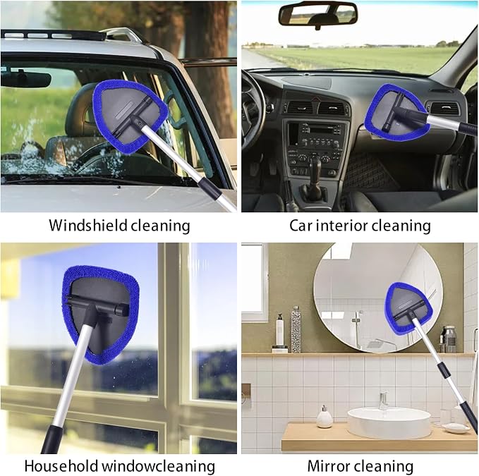 Windshield Cleaner Car Windshield Cleaning Tool with 3 Reusable, Washable Microfiber Pads and Extendable Handle Microfiber Car Window Cleaner