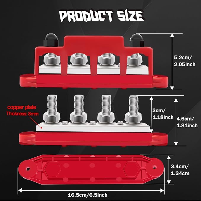 400A Bus Bar 12V Marine 5/16" Power Distribution Block Automotive Busbar Terminal Block,Battery Buss Bar (Pair, Red & Black) 4 x 5/16" Post 3 x #8 Screws Terminals