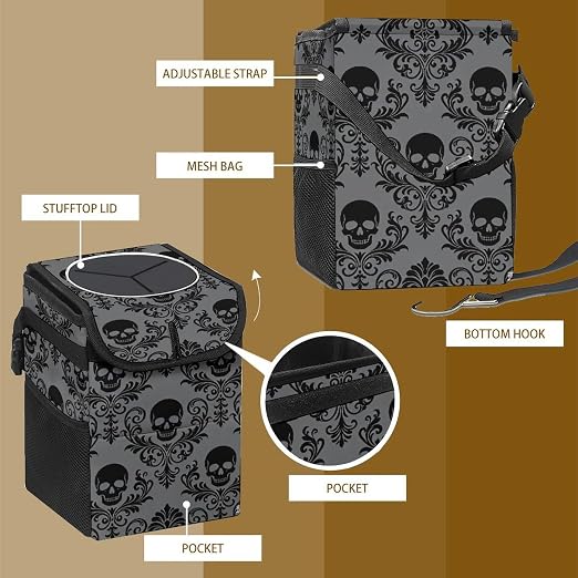 Gothic Skull Car Trash Can, Waterproof Portable Mini Garbage Bin, Lightweight No-Install Waste Basket for Car Office Home, Cute Multifunctional Car Interior Accessory