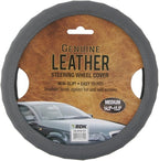 SW-899-MG Genuine Leather Car Steering Wheel Cover 14.5-15 inch Medium/Gray, Easy Installation