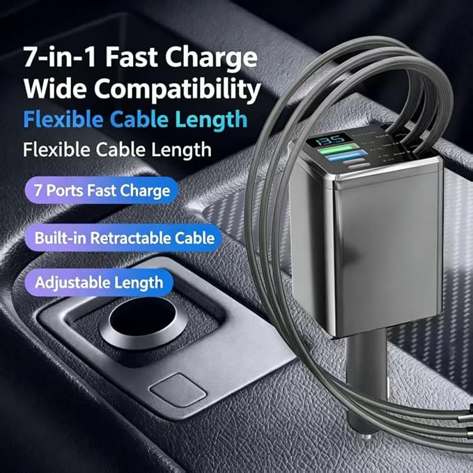 7 in 1 Retractable Car Charger,102W Car Charger Fast Charging Adapter | Car Charger USB C,Car Accessories,Voltage Smart Display,3 Retractable Type-C Cables for iPhone 17 Pro/16/15,Galaxy S26,Pixel