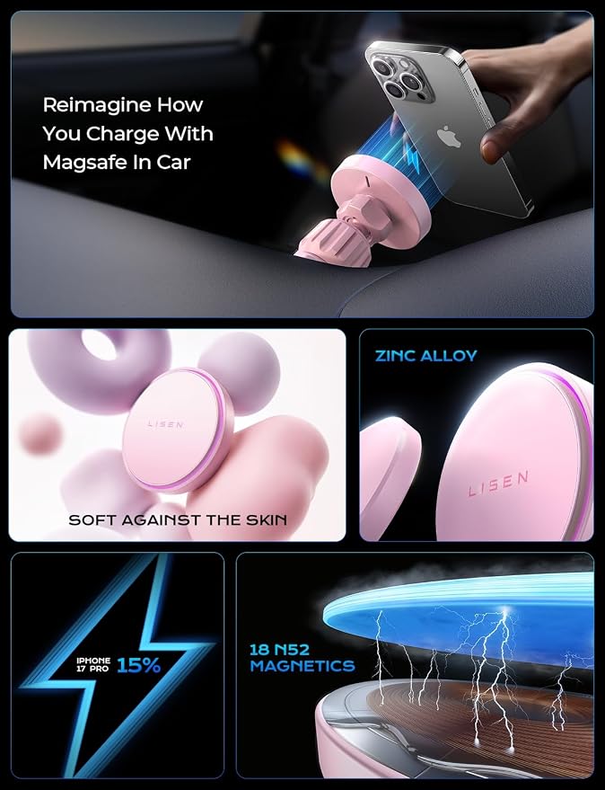 15W MagSafe Car Mount Charger,[Light Pink] Magnetic Wireless Car Charger, Dashboard & Air Vent Car Phone Mounts, Car Phone Holder for iPhone 17-12, Samsung, Pixel, Cute Car Accessories for Women | [Light Pink & Purple LED light] Magsafe Car Mount...