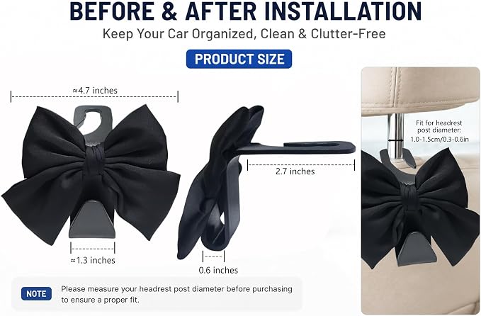 2 Pack Car Purse Holder for Handbags and Bags, Headrest Back Seat Hooks for Cars, Car Bag Hanger for Groceries, Coats, Umbrellas and Daily Essentials, Bow-Shaped Car Interior Organizer (Black silk)