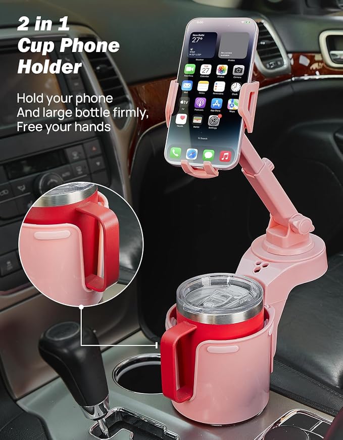 Cup Holder Phone Mount for Car, Car Cellphone Large Adapter Long Arm with 360 Degree Rotation, Compatible iPhone, Samsung & All Smartphones,Pink,1 Pack
