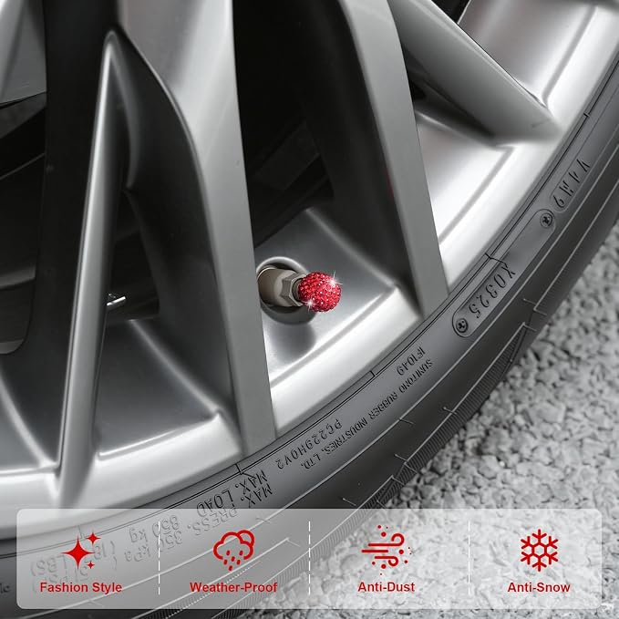 4 Pack Handmade Crystal Rhinestone Car Tire Valve Stem Caps, Universal Fit for Cars, Trucks, Motorbikes - Red